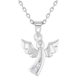 925 Sterling Silver Clear CZ Guardian Angel Necklace Pendant for Children 16''