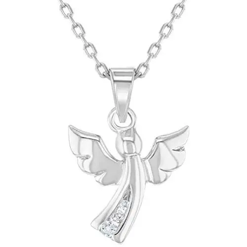 925 Sterling Silver Clear CZ Guardian Angel Necklace Pendant for Children 16''