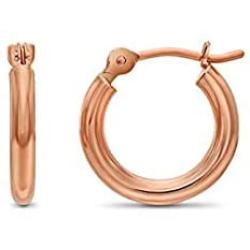 TILO JEWELRY 14K Rose Gold Classic Shiny Polished Round Hoop Earrings, 2mm Tube