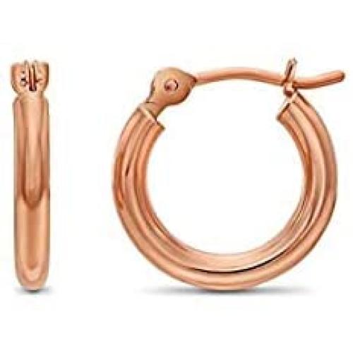TILO JEWELRY 14K Rose Gold Classic Shiny Polished Round Hoop Earrings, 2mm Tube