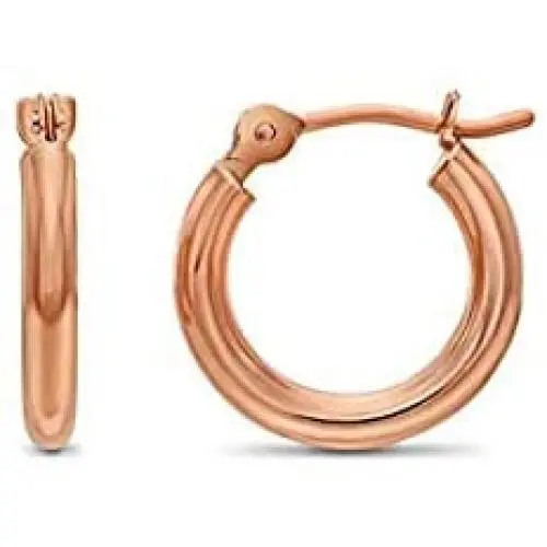 TILO JEWELRY 14K Rose Gold Classic Shiny Polished Round Hoop Earrings, 2mm Tube
