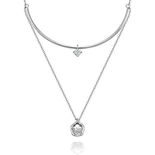 Daring Jewelry 14k Gold Plated Cubic Zirconia Flower Curvebar Layered Necklace 16.5 inch 2'' Extender…