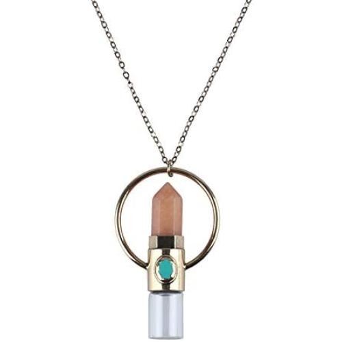 Womens Necklace with Essential Oil Roller Ball Bottle and Chakra Healing Stone Pendant Peach Aventurine Costume Jewelry Boho Style Long Necklace Unique Fashion Great Gift
