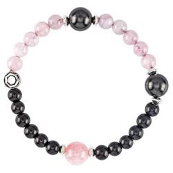 Modern ŌM Day & Night Wrist Mala for Women | Authentic Shungite Stone Bracelet for EMF Protection | 6mm Rose Quartz and Rhodium Plated Sterling Silver Yoga Jewelry