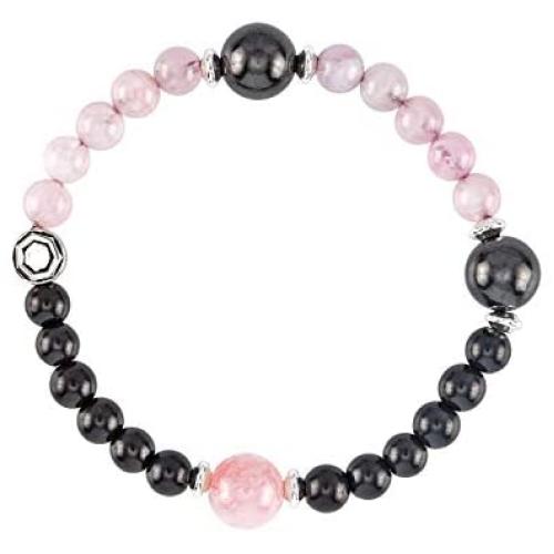 Modern ŌM Day & Night Wrist Mala for Women | Authentic Shungite Stone Bracelet for EMF Protection | 6mm Rose Quartz and Rhodium Plated Sterling Silver Yoga Jewelry