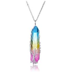CrystalTears Healing Crystal Necklace Tree of Life Wire Wrapped Titanium Coated Chakra Reiki Healing Crystal Points Gemstone Pendant Necklace Jewelry for Women