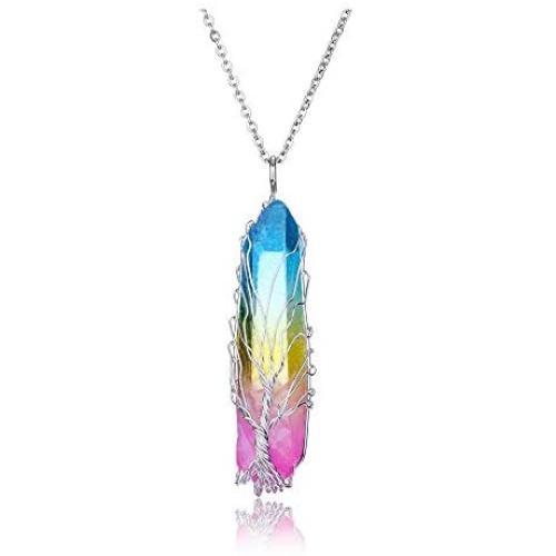 CrystalTears Healing Crystal Necklace Tree of Life Wire Wrapped Titanium Coated Chakra Reiki Healing Crystal Points Gemstone Pendant Necklace Jewelry for Women