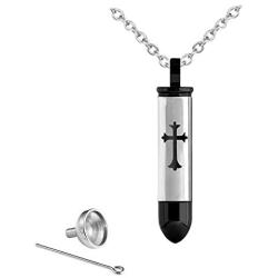 León Jewelry Cross Bullet Necklace Stainless Steel Cremation Urn Ashes Vial Capsule Container Holder Keepsake Memorial Locket Pendant Silver Black