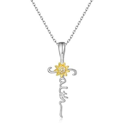 AONED S925 Sterling Silver Sunflower Cross Necklace Jewelry Gifts for Women Girls (Pack with Message Gifts Card)