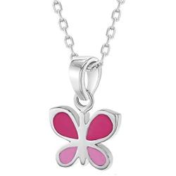 925 Sterling Silver Pink Enamel Butterfly Necklace Pendant for Girls 16''