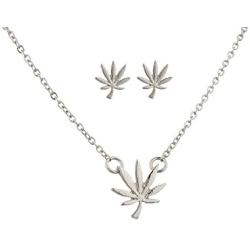 Lux Accessories Silvertone Marijuana Weed Symbol Necklace and Earring Set