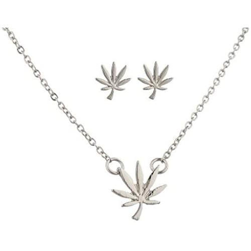 Lux Accessories Silvertone Marijuana Weed Symbol Necklace and Earring Set