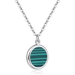 Solid Sterling Silver Round Shape Oblate Green Malachite Charm Pendant Necklace 18''+2'' Extender