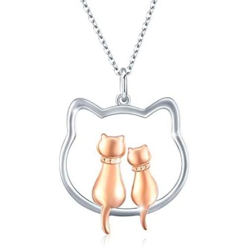 Waysles Cat Heart Necklace/Double Cat Necklace S925 Sterling Silver Lucky Cat Pendant Jewelry Gift for Cat Lover Girls Fashion