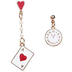Asymmetric Clock Poker Card Alarm Dangle Drop Earring，Asymmetric Earrings Poker Clock Earrings Loving Woman Rock Earrings Long Pearl-like Fashion Jewelry