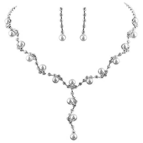 UDORA Pearl Flower Jewelry Sets Crystal Necklace Earrings Bridal Wedding Party Dinner Dress Jewelry