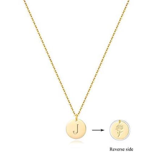 Disc Initial Necklaces for Women Girls,18K Gold Plated Round Disc Double Side Engraved Rose Flower Necklace Initial Adjustable Personalized Alphabet Letter Pendant for Women