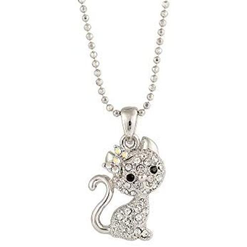Cute Cat Kitty Pendant Necklace with Crystal Link Chain Sweet Gift Girls Kids Women Jewelry Necklace