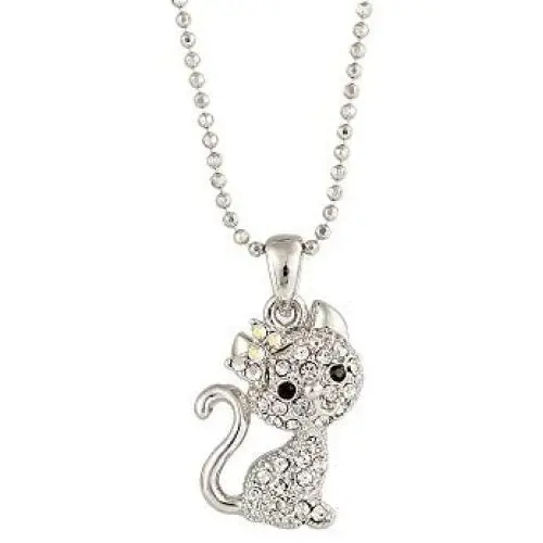 Cute Cat Kitty Pendant Necklace with Crystal Link Chain Sweet Gift Girls Kids Women Jewelry Necklace
