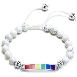 Nanafast 8mm Matte Agate LGBT Pride Rainbow Bracelet Stainless Steel Gay & Lesbian Pride Relationship Friendship Bracelet,Adjustable