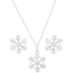 Disney Frozen Jewelry Sterling Silver Snowflake Pendant Necklace and Stud Earring Set, 18” Chain for Women