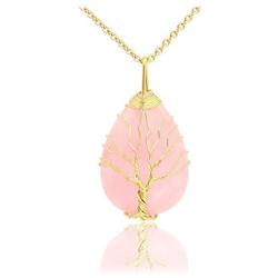 Top Plaza Natural Healing Crystals Rose Quartz Teardrop Gemstone Necklace Tree of Life Gold Copper Wire Wrapped Pendant Necklaces Reiki Quartz Jewelry for Womens