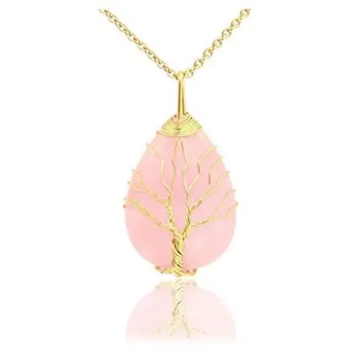 Top Plaza Natural Healing Crystals Rose Quartz Teardrop Gemstone Necklace Tree of Life Gold Copper Wire Wrapped Pendant Necklaces Reiki Quartz Jewelry for Womens Top Plaza Natural Healing Crystals Rose Quartz Teardrop Gemstone Necklace Tree of Life Gold Copper Wire Wrapped Pendant Necklaces Reiki Quartz Jewelry for Womens