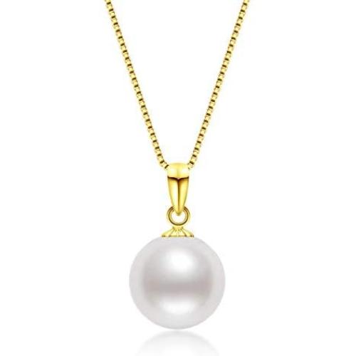 18K Gold Freshwater Cultured White Pearl Pendant Necklace 9-10mm Single Pearl Pendant with 18'' Silver Chain Jewelry Gifts for Women Girls Mom - White Gold/Rose Gold/Yellow Gold