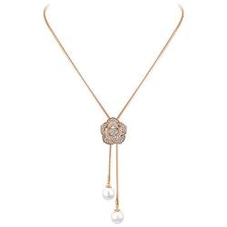 Lavencious Rose Flower Lariat Y-Shaped Long Necklace Sparkle Clear CZ 3D Jewelry 38'' with Pearls