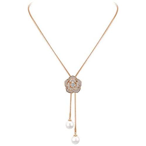 Lavencious Rose Flower Lariat Y-Shaped Long Necklace Sparkle Clear CZ 3D Jewelry 38'' with Pearls