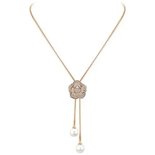 Lavencious Rose Flower Lariat Y-Shaped Long Necklace Sparkle Clear CZ 3D Jewelry 38'' with Pearls
