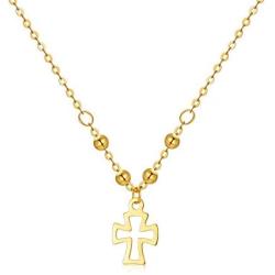 18K Gold Tiny Cross Necklace for Girls, 7mm Yellow Gold Tiny Cross Pendant Necklace Jewelry for Women, 16.5+1.2