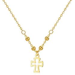 18K Gold Tiny Cross Necklace for Girls, 7mm Yellow Gold Tiny Cross Pendant Necklace Jewelry for Women, 16.5+1.2