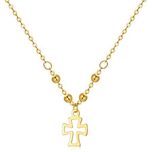 18K Gold Tiny Cross Necklace for Girls, 7mm Yellow Gold Tiny Cross Pendant Necklace Jewelry for Women, 16.5+1.2