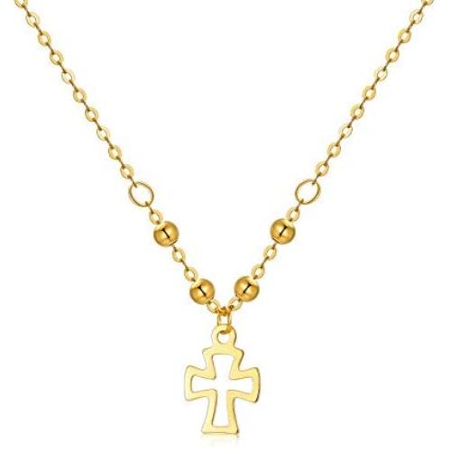 18K Gold Tiny Cross Necklace for Girls, 7mm Yellow Gold Tiny Cross Pendant Necklace Jewelry for Women, 16.5+1.2