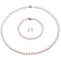 JYX Pearl White Freshwater Pearl Necklace Bracelet and Earrings Set Pearl Jewellery Set AA + 5-6mm