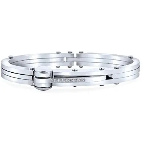 Biker Partner in Crime Handcuff Bangle Bracelet for Men Black Silver Tone Stainless Steel 8 Inch Button Hinge Clasp