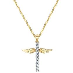 caselast Cross Angel Wings Pendant Necklace Guardian Angel Cubic Zirconia Necklace Valentines Day Jewelry Gifts for Her Women Girls(Gold)