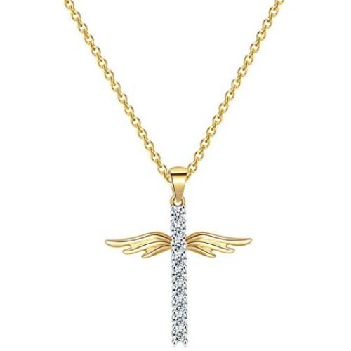 caselast Cross Angel Wings Pendant Necklace Guardian Angel Cubic Zirconia Necklace Valentines Day Jewelry Gifts for Her Women Girls(Gold)