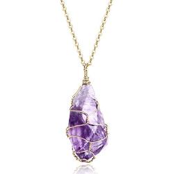 BOUTIQUELOVIN Full Wire Wrapped Amethyst Pendant Necklace Healing Chakra Crystal Stone Jewelry