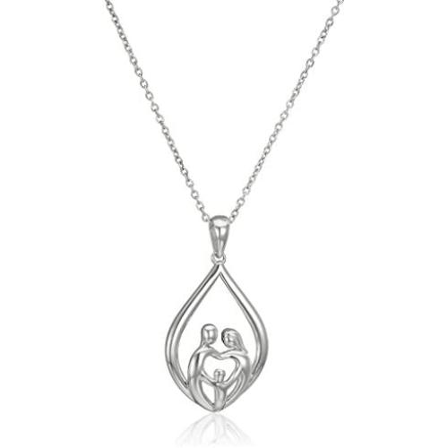 Jewelili Sterling Silver Two Parent One Child Family Drop Pendant Necklace, 18'' Rolo Chain