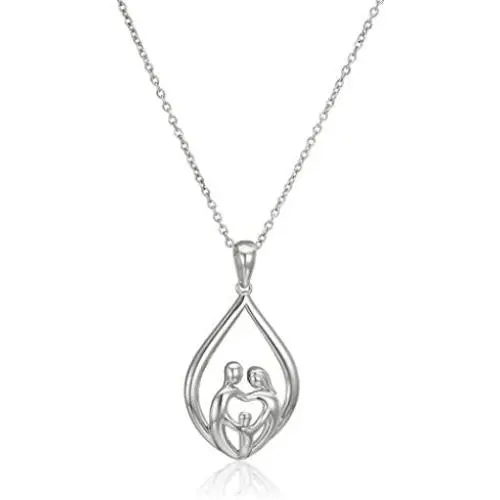 Jewelili Sterling Silver Two Parent One Child Family Drop Pendant Necklace, 18'' Rolo Chain