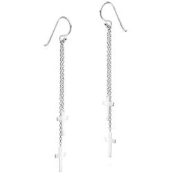 Stunning Twin Crosses .925 Sterling Silver Dangle Earrings