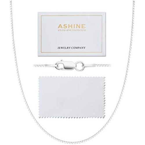 ASHINE 925 Sterling Silver 1mm & 0.8 Italian Box Chain Necklace 16'' - 30'' with Silver Polishing Cloth
