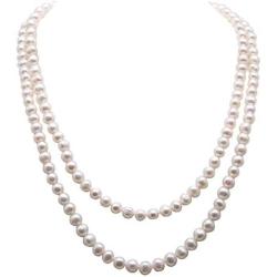 JYX Pearl Long Sweater Necklace Gorgeous Genuine 7.5mm Natural Near Round White Freshwater Pearl Necklace for Women 50''