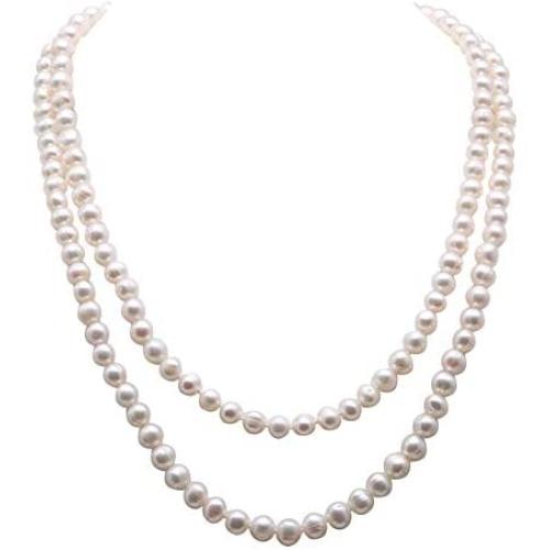 JYX Pearl Long Sweater Necklace Gorgeous Genuine 7.5mm Natural Near Round White Freshwater Pearl Necklace for Women 50''