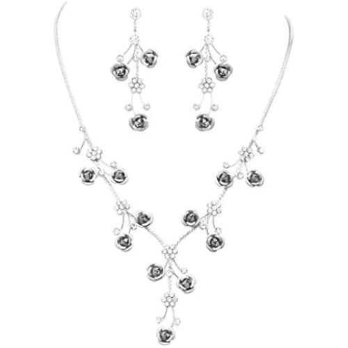 Rosemarie Collections Womens Elegant Crystal Rhinestone and Metal Relief Rose Statement Necklace Earrings Jewelry Set, 14.5'' - 18.5'' with 4'' Extender