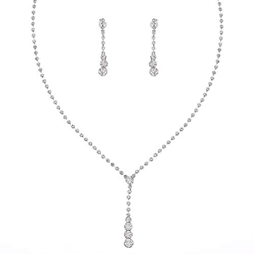 Fairyu Womens Wedding Necklaces Crystal Long Dangle Necklace Earrings Set Silver Bride Rhinestone Necklaces Earrings Drop Jewelry Dainty Y Pendant Necklace for Bridal