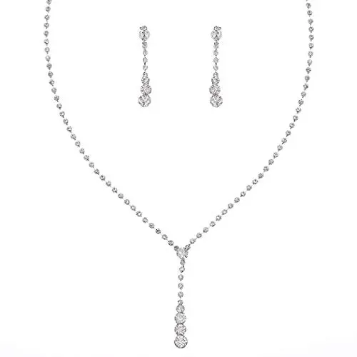Fairyu Womens Wedding Necklaces Crystal Long Dangle Necklace Earrings Set Silver Bride Rhinestone Necklaces Earrings Drop Jewelry Dainty Y Pendant Necklace for Bridal