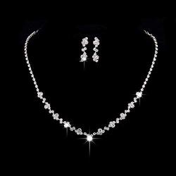 N-A Silver Bridal Crystal Choker Necklace Drop Earrings Set Flower Water-Drop Y Shaped Necklace Women Glittering Rhinestone Wedding Jewelry Set